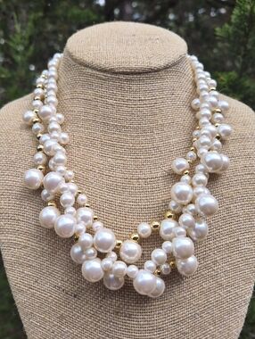 Vintage TRIFARI TM Faux Pearl and Gold Tone Triple Strand Necklace 19"
